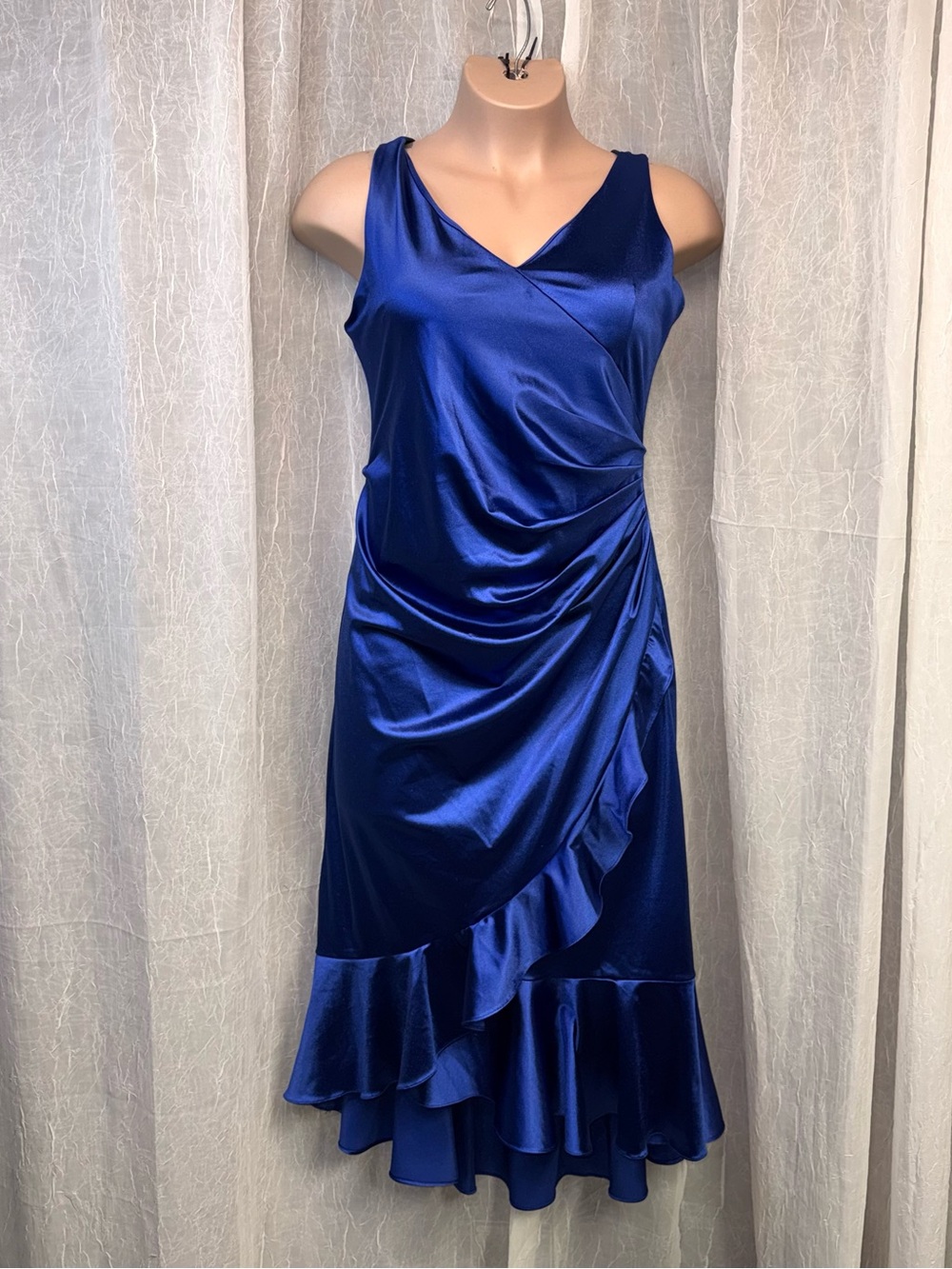 JM Studio John Meyer Blue Satin Ruched Ruffle Midi Dress Women’s Size 14